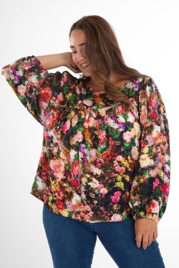 Kadın Curve Büyük Beden Önü Çiçek Drapeli Uzun Kol Spor Şık Bluz