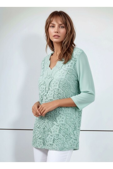 Kadın Curve Büyük Beden Önü Çiçek Güpürlü Kolları Tül Spor Şık Bluz