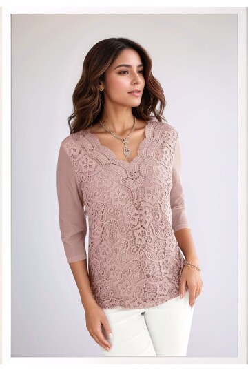 Kadın Curve Büyük Beden Önü Çiçek Güpürlü Kolları Tül Spor Şık Bluz