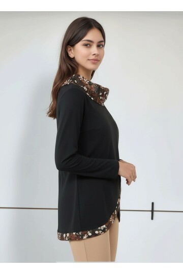 Kadın Degaje Yaka Çiçek Desenli Asimetrik Kesim Uzun Kol Spor Şık Curve Büyük Beden Bluz