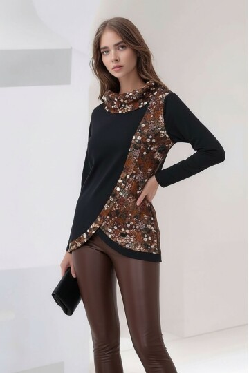 Kadın Degaje Yaka Çiçek Desenli Asimetrik Kesim Uzun Kol Spor Şık Curve Büyük Beden Bluz