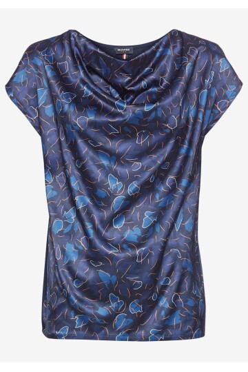 Kadın Degaye Yaka Saten Viskon Kısa Kol Spor Şık Desenli Bluz
