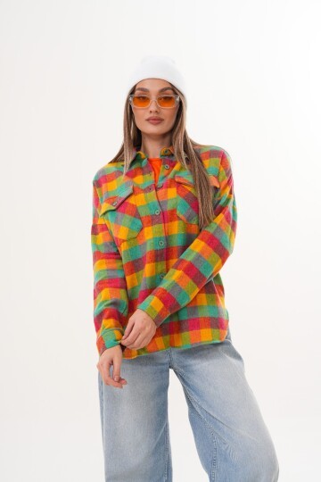 Kadın Desen Bloklu Oduncu Oversize Bol ve Geniş Kalıp Casual Cepli Yakalı Ceket Gömlek