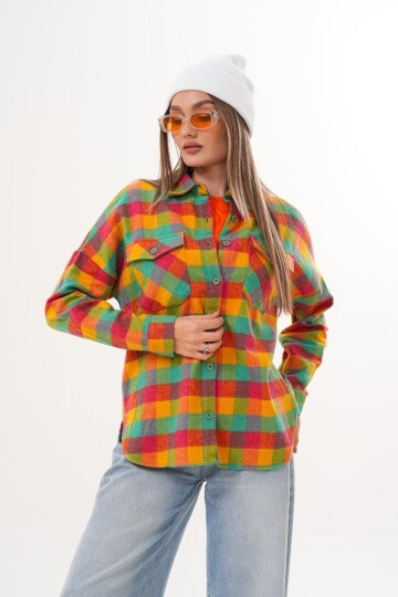 Kadın Desen Bloklu Oduncu Oversize Bol ve Geniş Kalıp Casual Cepli Yakalı Ceket Gömlek