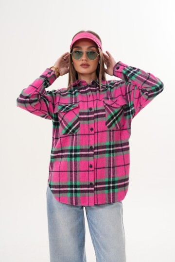 Kadın Desen Bloklu Oduncu Oversize Bol ve Geniş Kalıp Casual Cepli Yakalı Ceket Gömlek