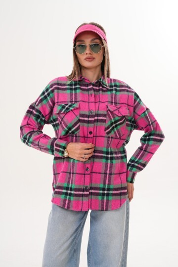 Kadın Desen Bloklu Oduncu Oversize Bol ve Geniş Kalıp Casual Cepli Yakalı Ceket Gömlek