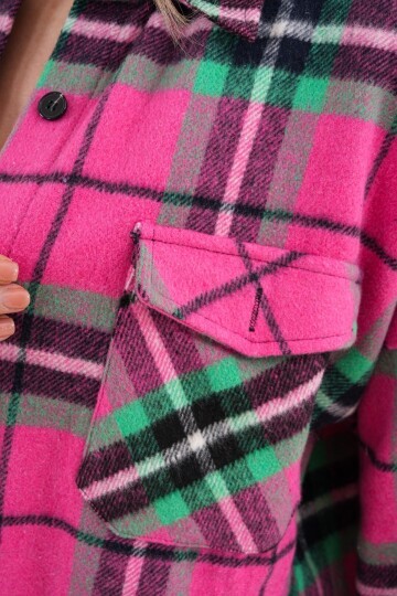 Kadın Desen Bloklu Oduncu Oversize Bol ve Geniş Kalıp Casual Cepli Yakalı Ceket Gömlek