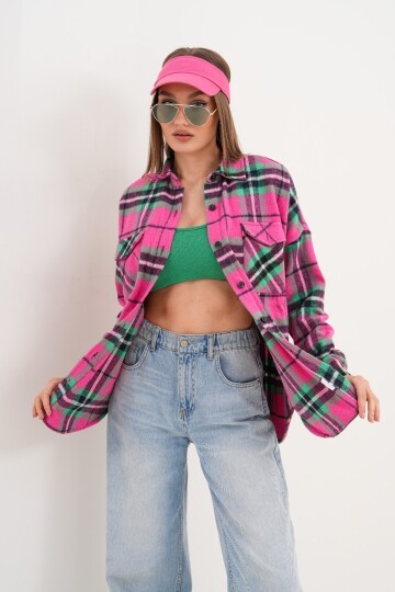 Kadın Desen Bloklu Oduncu Oversize Bol ve Geniş Kalıp Casual Cepli Yakalı Ceket Gömlek