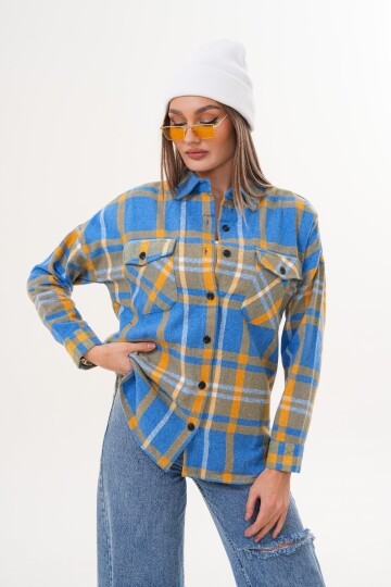 Kadın Desen Bloklu Oduncu Oversize Bol ve Geniş Kalıp Casual Cepli Yakalı Ceket Gömlek