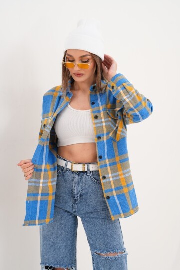 Kadın Desen Bloklu Oduncu Oversize Bol ve Geniş Kalıp Casual Cepli Yakalı Ceket Gömlek