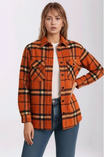 Kadın Desen Bloklu Oduncu Oversize Bol ve Geniş Kalıp Casual Cepli Yakalı Ceket Gömlek