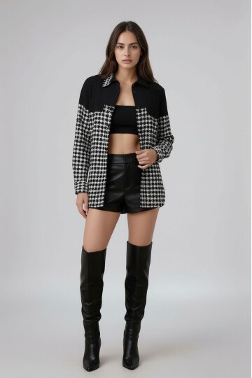 Kadın Desen Bloklu Oduncu Oversize Bol ve Geniş Kalıp Casual Cepli Yakalı Ceket Gömlek