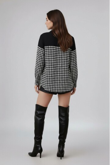 Kadın Desen Bloklu Oduncu Oversize Bol ve Geniş Kalıp Casual Cepli Yakalı Ceket Gömlek