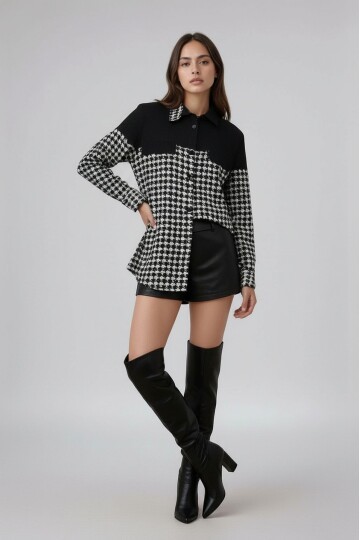 Kadın Desen Bloklu Oduncu Oversize Bol ve Geniş Kalıp Casual Cepli Yakalı Ceket Gömlek