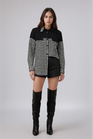 Kadın Desen Bloklu Oduncu Oversize Bol ve Geniş Kalıp Casual Cepli Yakalı Ceket Gömlek