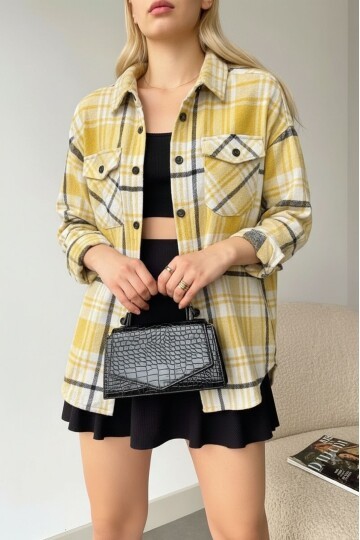 Kadın Desen Bloklu Oduncu Oversize Bol ve Geniş Kalıp Casual Cepli Yakalı Ceket Gömlek