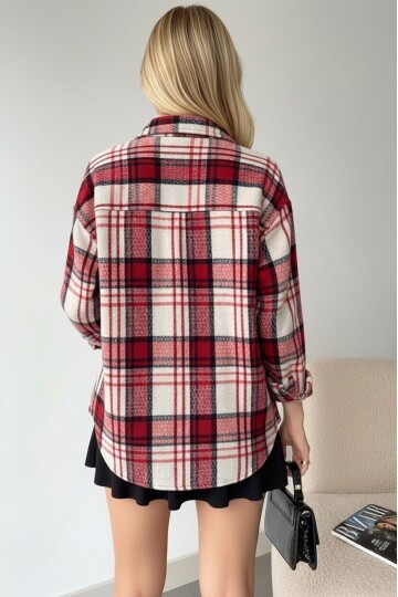 Kadın Desen Bloklu Oduncu Oversize Bol ve Geniş Kalıp Casual Cepli Yakalı Ceket Gömlek