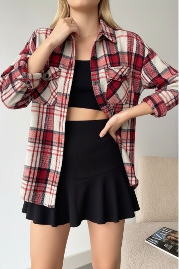 Kadın Desen Bloklu Oduncu Oversize Bol ve Geniş Kalıp Casual Cepli Yakalı Ceket Gömlek