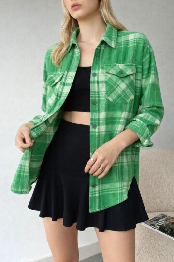 Kadın Desen Bloklu Oduncu Oversize Bol ve Geniş Kalıp Casual Cepli Yakalı Ceket Gömlek