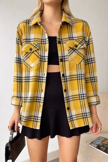 Kadın Desen Bloklu Oduncu Oversize Bol ve Geniş Kalıp Casual Cepli Yakalı Ceket Gömlek