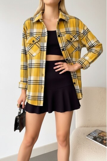 Kadın Desen Bloklu Oduncu Oversize Bol ve Geniş Kalıp Casual Cepli Yakalı Ceket Gömlek