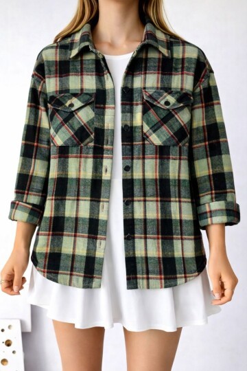 Kadın Desen Bloklu Oduncu Oversize Bol ve Geniş Kalıp Casual Cepli Yakalı Ceket Gömlek