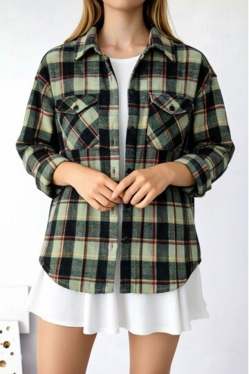 Kadın Desen Bloklu Oduncu Oversize Bol ve Geniş Kalıp Casual Cepli Yakalı Ceket Gömlek