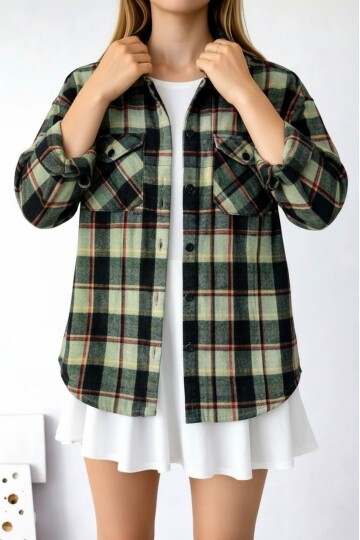 Kadın Desen Bloklu Oduncu Oversize Bol ve Geniş Kalıp Casual Cepli Yakalı Ceket Gömlek