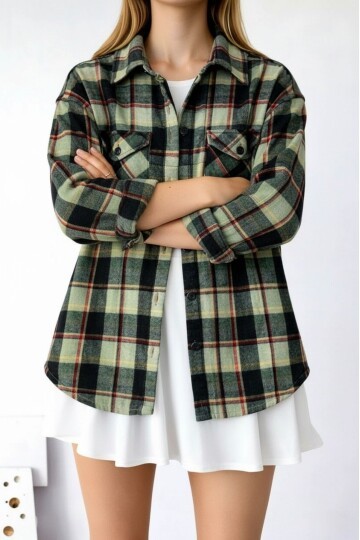 Kadın Desen Bloklu Oduncu Oversize Bol ve Geniş Kalıp Casual Cepli Yakalı Ceket Gömlek