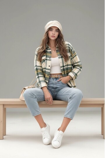 Kadın Desen Bloklu Oduncu Oversize Bol ve Geniş Kalıp Casual Cepli Yakalı Ceket Gömlek