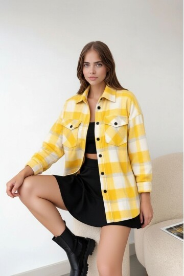 Kadın Desen Bloklu Oduncu Oversize Bol ve Geniş Kalıp Casual Cepli Yakalı Ceket Gömlek