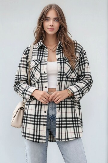 Kadın Desen Bloklu Oduncu Oversize Bol ve Geniş Kalıp Casual Cepli Yakalı Ceket Gömlek