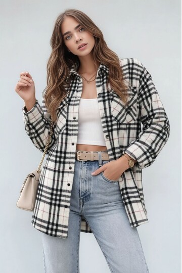 Kadın Desen Bloklu Oduncu Oversize Bol ve Geniş Kalıp Casual Cepli Yakalı Ceket Gömlek