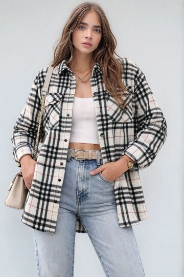 Kadın Desen Bloklu Oduncu Oversize Bol ve Geniş Kalıp Casual Cepli Yakalı Ceket Gömlek