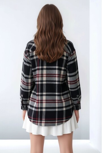 Kadın Desen Bloklu Oduncu Oversize Bol ve Geniş Kalıp Casual Cepli Yakalı Ceket Gömlek