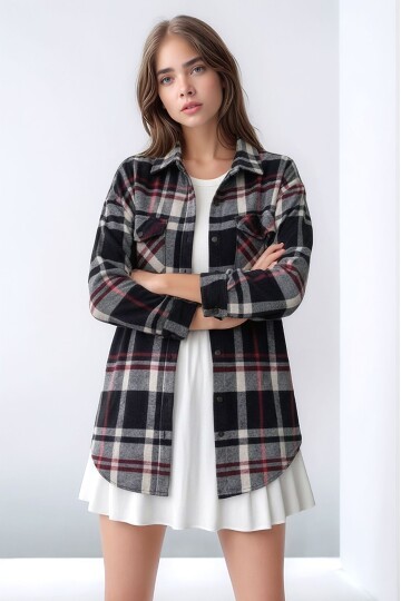 Kadın Desen Bloklu Oduncu Oversize Bol ve Geniş Kalıp Casual Cepli Yakalı Ceket Gömlek