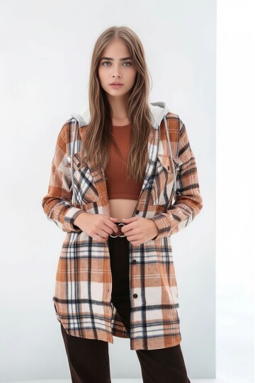 Kadın Desen Bloklu Oduncu Oversize Geniş Kalıp Casual Cepli Kapüşonlu Uzun Boy Ceket Gömlek