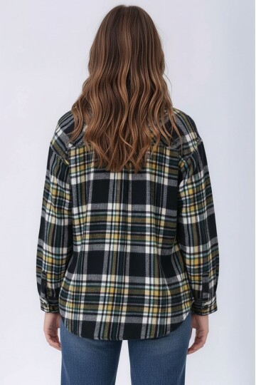 Kadın Desen Bloklu Oduncu Oversize Bol ve Geniş Kalıp Casual Cepli Yakalı Ceket Gömlek