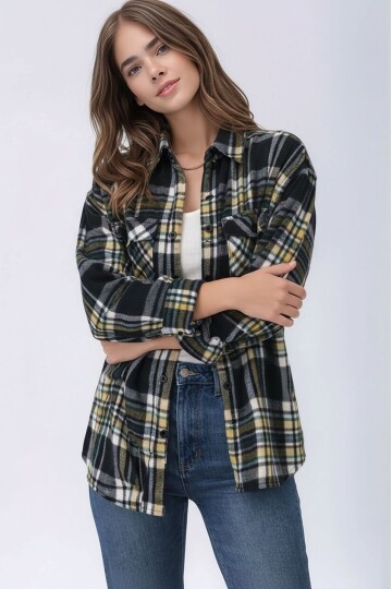 Kadın Desen Bloklu Oduncu Oversize Bol ve Geniş Kalıp Casual Cepli Yakalı Ceket Gömlek