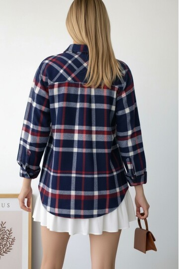 Kadın Desen Bloklu Oduncu Oversize Bol ve Geniş Kalıp Casual Cepli Yakalı Ceket Gömlek