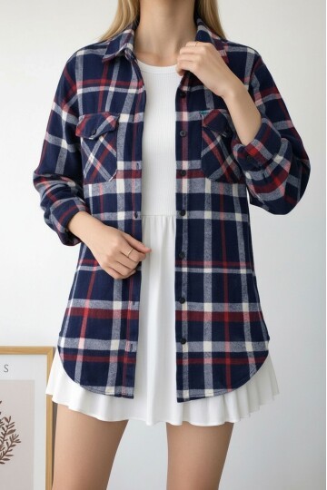 Kadın Desen Bloklu Oduncu Oversize Bol ve Geniş Kalıp Casual Cepli Yakalı Ceket Gömlek