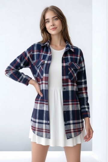 Kadın Desen Bloklu Oduncu Oversize Bol ve Geniş Kalıp Casual Cepli Yakalı Ceket Gömlek