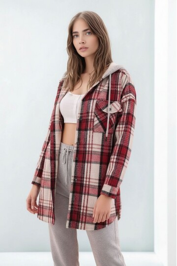 Kadın Desen Bloklu Oduncu Oversize Geniş Kalıp Casual Cepli Kapüşonlu Uzun Boy Ceket Gömlek