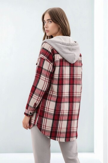 Kadın Desen Bloklu Oduncu Oversize Geniş Kalıp Casual Cepli Kapüşonlu Uzun Boy Ceket Gömlek