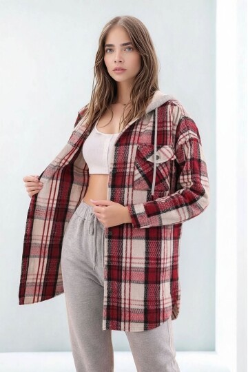 Kadın Desen Bloklu Oduncu Oversize Geniş Kalıp Casual Cepli Kapüşonlu Uzun Boy Ceket Gömlek