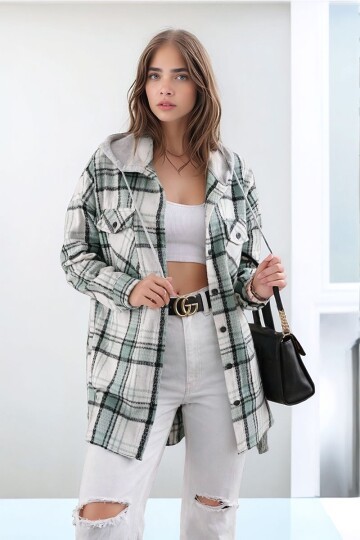 Kadın Desen Bloklu Oduncu Oversize Geniş Kalıp Casual Cepli Kapüşonlu Uzun Boy Ceket Gömlek