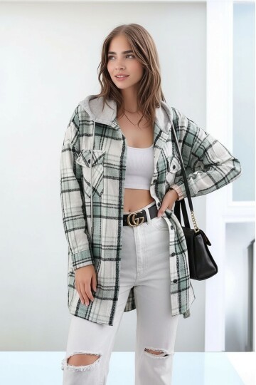 Kadın Desen Bloklu Oduncu Oversize Geniş Kalıp Casual Cepli Kapüşonlu Uzun Boy Ceket Gömlek