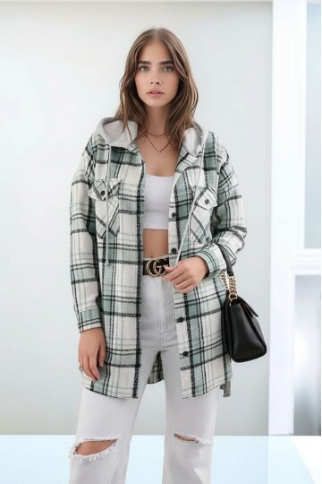 Kadın Desen Bloklu Oduncu Oversize Geniş Kalıp Casual Cepli Kapüşonlu Uzun Boy Ceket Gömlek