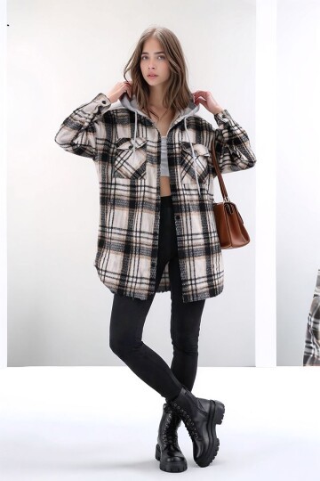 Kadın Desen Bloklu Oduncu Oversize Geniş Kalıp Casual Cepli Kapüşonlu Uzun Boy Ceket Gömlek