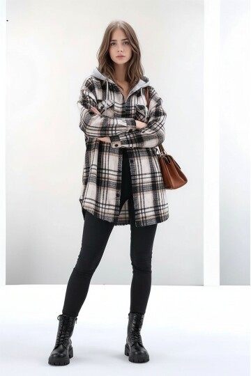 Kadın Desen Bloklu Oduncu Oversize Geniş Kalıp Casual Cepli Kapüşonlu Uzun Boy Ceket Gömlek